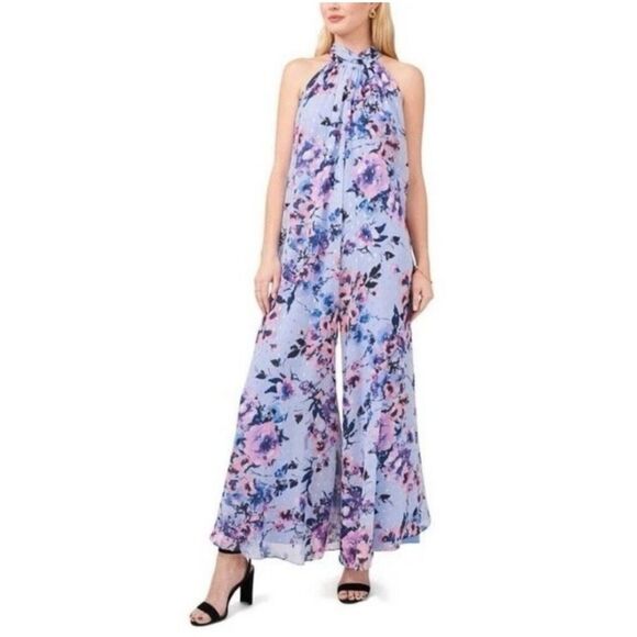 MSK Petite Women's Sz PL Light Blue Purple Floral Print Wide Leg Jumpsuit - Picture 1 of 8